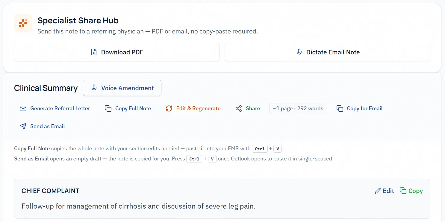 Specialist Share Hub with Download PDF, Dictate Email Note, Copy Full Note and Voice Amendment actions above a clinical summary